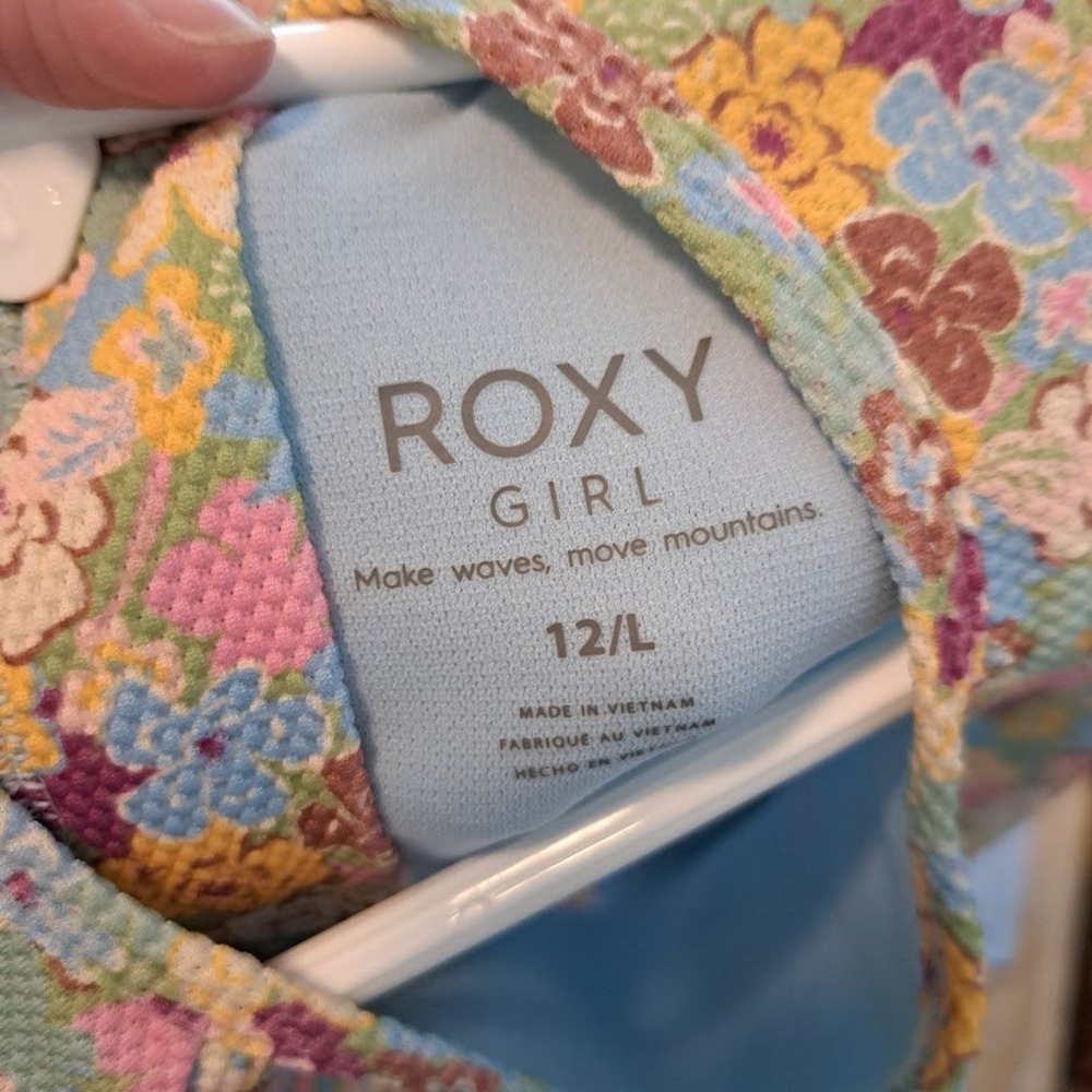 Roxy Girls Floral Long-sleeve rashguard one-piece swimsuit textured Large 12 EUC - Picture 4 of 4